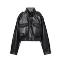 Giacca corta in pelle PU nera da donna con collo alto e grandi tasche anteriori - XS / Nero