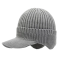 Herren Winter Strickmütze mit Schirm und Ohrenklappen in Dunkelgrau mit warmem Futter - Grau Mit Krempe (Plüschfutter)
