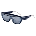 Oversized navy blue shield sunglasses with silver metal temples and star-patterned lenses - C8 Matte Navy Silver Star Film