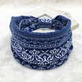Bohemian style blue and white paisley print wide elastic headband on a soft white background - 23-Blue Paisley Loop