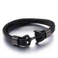 Detailed close-up of a black braided leather bracelet with a steel anchor clasp - Black Black Braided Rope (KB86976-SJ)