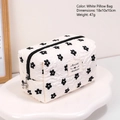 White quilted floral cosmetic bag with black zipper and 18x10x10cm size dimensions - White Pillow Bag