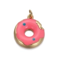 Colgante de dónut esmaltado rosa con lunares azules para creación de joyería DIY - CX149-02 Rosquilla Rosa con Lunares Azules
