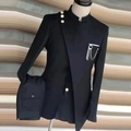 Men's plus size slim fit black stand collar suit with gold buttons and chest accessory - XXS / Black