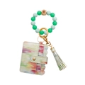 Green silicone bead bracelet with colorful patterned card holder and tassel keychain - Sunflower Green
