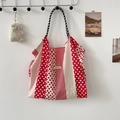 Detail of red and white polka dot canvas tote bag hanging with small lamb decor - Vertical Stripe Polka Dot Red