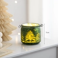 Green glass Christmas candle holder with glowing tree pattern and metal wire handle - Style A / Green