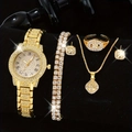 Luxury gold watch jewelry set with rhinestones and Roman numerals on black velvet - Watch, Chain Bracelet, Necklace, Ring And Earrings Set / Gold