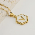 18K gold plated hexagonal necklace featuring a white enamel pendant with letter V - Style V (Pendant Only) / Pendant Only