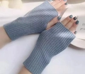 Grey knitted fingerless gloves for women featuring ribbed texture and thumb hole - One Size / Aquamarine