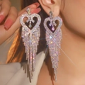 Sparkling silver heart-shaped tassel earrings with colorful rhinestones for evening wear - Silver Heart Long Tassel