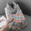 Striped warm scarf in gray and orange with tassels and elegant herringbone texture - 70*180cm / Dark Green