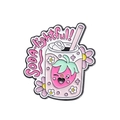 Pink cartoon soda can enamel pin featuring strawberry patterns and delightful text - Strawberry Soda Can