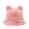 Close-up of pink faux rabbit fur bucket hat featuring cute 3D bear ears for winter - M (56-58cm) / Pink
