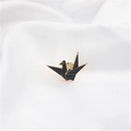 Elegant black origami crane brooch with gold plating on white silk fabric - Paper Crane Black (90240B)