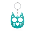 Detail view of the cyan cat-shaped metal self-defense keychain with polished finish - Justice Cat Light Green (K00636-08)