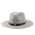 Detail of grey straw hat featuring black leather band and silver star studs - Gray