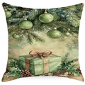 Green Christmas gift box watercolor print linen throw pillow cover for home sofa decor - YMD15-11 (Pine Branch Gift)