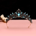 Detailed view of baroque vintage bronze crown with blue gems and black rhinestones - No.1 Antique Gold (Lake Blue Stone)