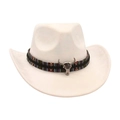 Stylish white wide-brim cowboy jazz hat featuring ethnic band and silver bull skull decoration - Beige
