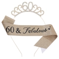 60th Birthday set with golden rhinestone 60 crown and champagne 60 & Fabulous sash - One Size / 60th (Glitter) / Gold/Black