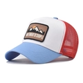 Detail of blue, white, and red mesh trucker hat with mountain embroidery and patch - Adjustable / Blue and White Color Matching (Blue White Mountain)