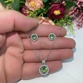 Classic silver jewelry set with round green zircon pendant necklace and stud earrings - Apple Green