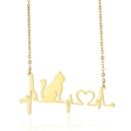 Macro shot of gold cat pendant with heart and heartbeat line on a fine link chain - Gold Cat Heartbeat