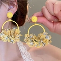 Detailed view of yellow fabric flower tassel earrings with woven studs and metallic ring - 68# Silver Pin-Woven Floral / Yellow