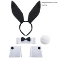 Black satin bunny ear headband set with white collar cuffs and fluffy tail accessory - Black 4-Piece Set