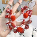 Elegant red beaded phone charm with crystal heart, plush ball and crown tassel pendant - Red Heart Crown Tassel Style (C2-N)