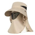 Khaki outdoor sun hat with wide brim, breathable face mask, and neck protection flap - Beige