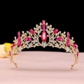 Golden Baroque bridal crown featuring marquise rose gems and pink rhinestones jewelry - KC Gold Rose Red Crystal Crown