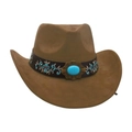 Brown faux suede western cowboy hat with ethnic turquoise stone and floral embroidery - Army Green [Wide Leather Embroidery]