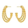 Detailed macro view showing the 18K gold-plated triple-twist texture on C-shaped hoop earrings - VE969 Gold