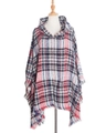 Poncho con cappuccio da donna a quadri con nappe in rosso bianco e blu - Quadri tricolore