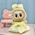 Plush Labubu doll wearing a yellow checkered dress and a bow hooded coat toy outfit - Yellow Candy-colored Pendant Dress / First And Second Generation Keychains Are Compatible With La Cloth Dolls. Dolls Not Included.