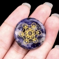 Deep blue sodalite flat gemstone disc featuring a golden Metatron Cube sacred geometry - Blue Sodalite