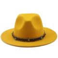 Wide brim yellow fedora hat with ethnic woven band and turquoise beaded ornament - Yellow