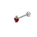 Macro shot of silver stainless steel tongue ring with red and green strawberry charm - Stainless Steel/Enamel / Strawberry