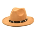 Detail of camel wool fedora hat featuring black leather band with silver metal rivets - M (56-58cm) / Camel