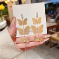 Elegant gold butterfly tassel earrings with crystals and 925 silver needles for women - Gold Triple Butterflies Tassel (E0143)