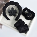 Detailed set of black spa headband, matte flower hair claw, scrunchies and plush wristbands - Black Sponge Headband (6-Piece Set)