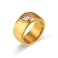 Golden wide band ring featuring a sparkling heart-shaped cubic zirconia stone - US 6 / Minimalist Wide Heart Ring - Gold White