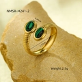 Gold stainless steel ring featuring dual green oval stones and textured spiral band design - One Size / Dark Green