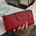 Women's long red bifold faux leather wallet with double zippers and multi-card slots - Red
