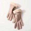 Women's winter thermal camel suede gloves with beige faux fur trim and touchscreen feature - One Size / Khaki