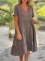 Robe courte à col en V et volants superposés en couleur taupe de style bohème - S / Chameau