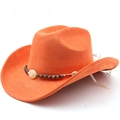 Close-up of ethnic beaded band with shell accent on an orange suede cowboy hat - Orange