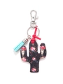 Wooden cactus keychain with floral cow skull print, red knot, and blue tassel - Black Floral Bull Skull Cactus/Blue Tassel